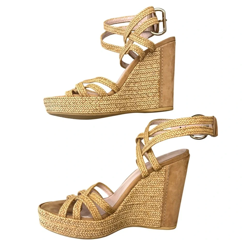 Stuart Weitzman Reins Wedge Sandals Womens Size 8 Tan Braided Leather Heels